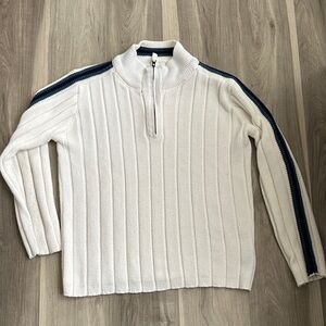 Bongo Jeans Quarter Zip White Ribbed Sweater with Blue Stripes